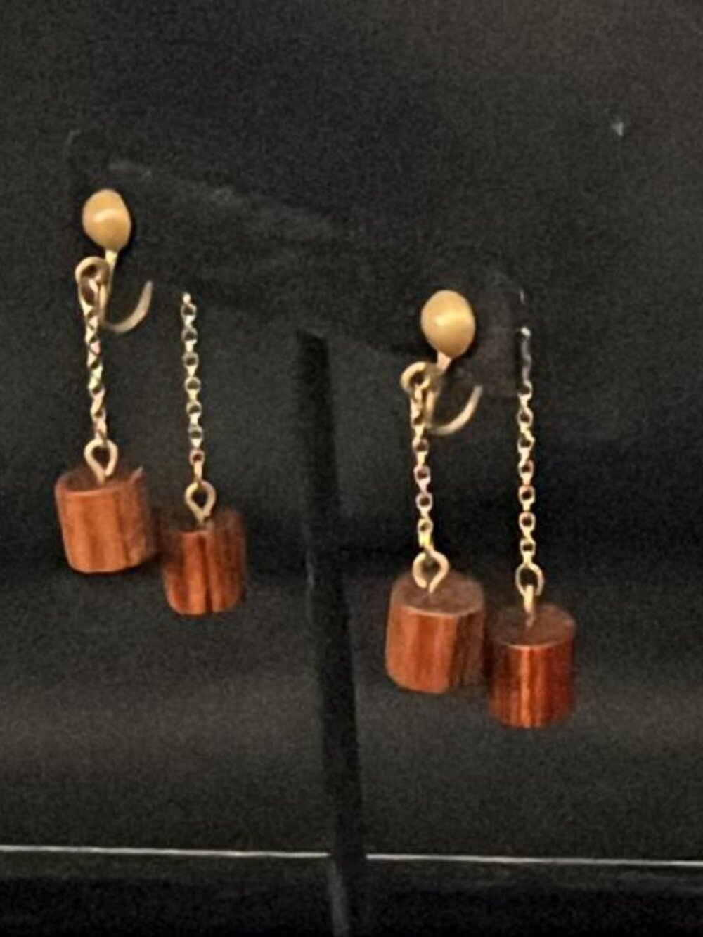 2 Wood Cylinder Beads on Chain Clip-On Earrings
